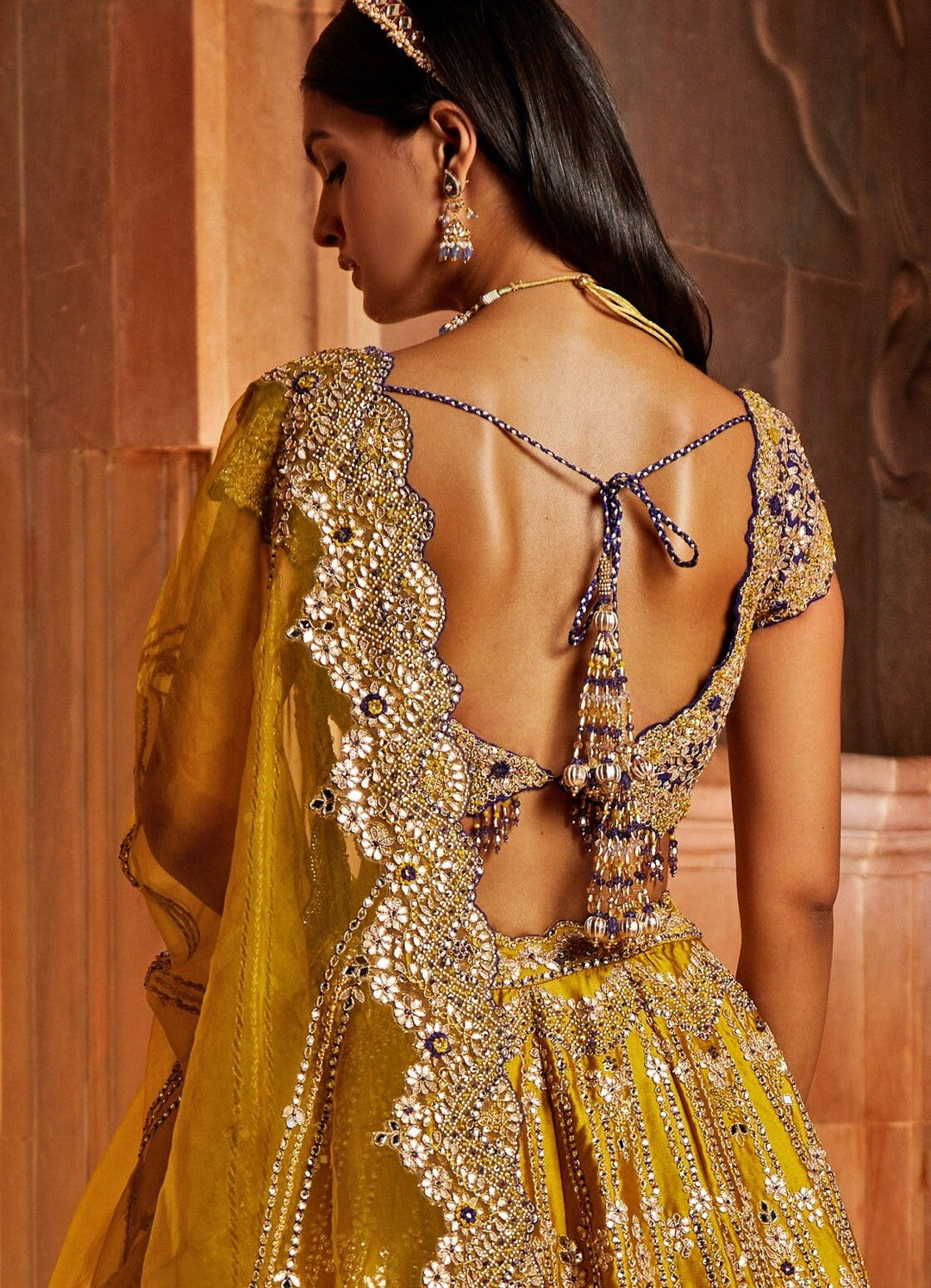 Mustard Yellow Taffeta Lehenga With Purple Blouse and Mustard Yellow Dupatta Nitika Gujral - Fabilicious Fashion