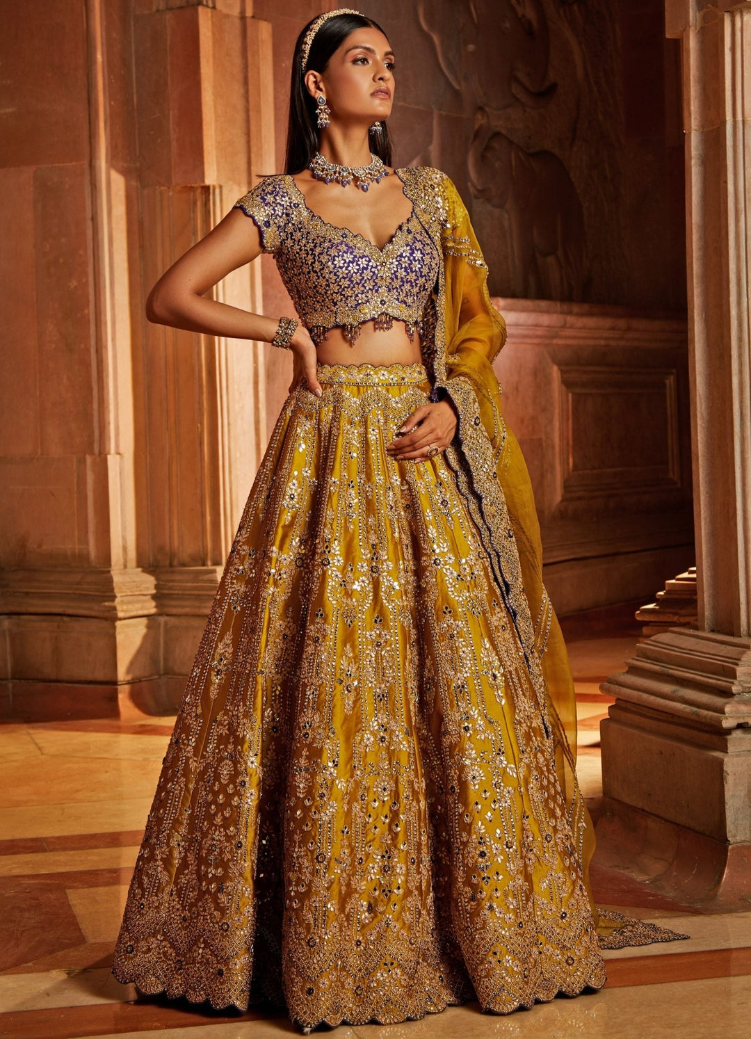 Mustard Yellow Taffeta Lehenga With Purple Blouse and Mustard Yellow Dupatta Nitika Gujral - Fabilicious Fashion