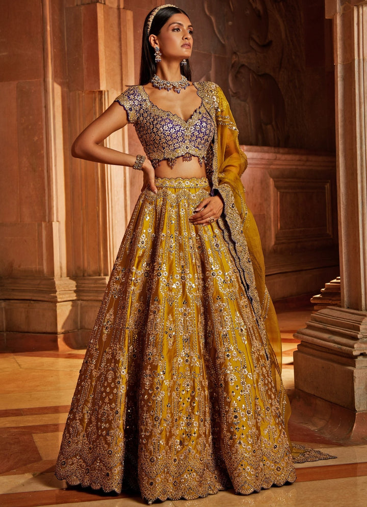 Mustard Yellow Taffeta Lehenga With Purple Blouse and Mustard Yellow Dupatta Nitika Gujral - Fabilicious Fashion