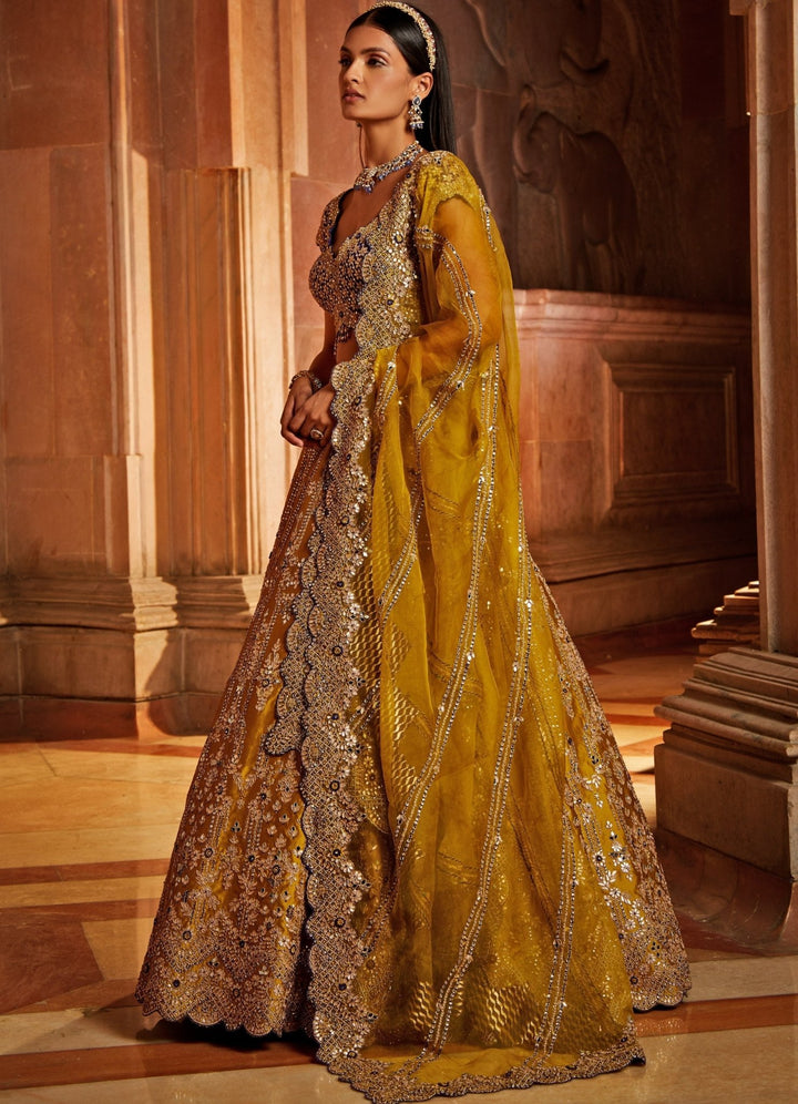 Mustard Yellow Taffeta Lehenga With Purple Blouse and Mustard Yellow Dupatta Nitika Gujral - Fabilicious Fashion