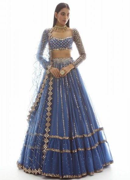 Muted Blue Linear Drop Lehenga Set Vvani by Vani Vats - Fabilicious Fashion