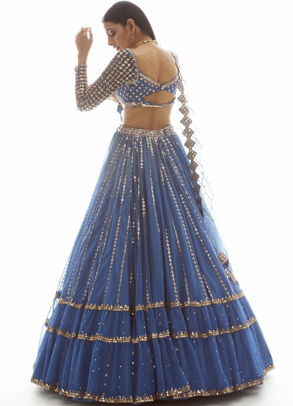 Muted Blue Linear Drop Lehenga Set Vvani by Vani Vats - Fabilicious Fashion