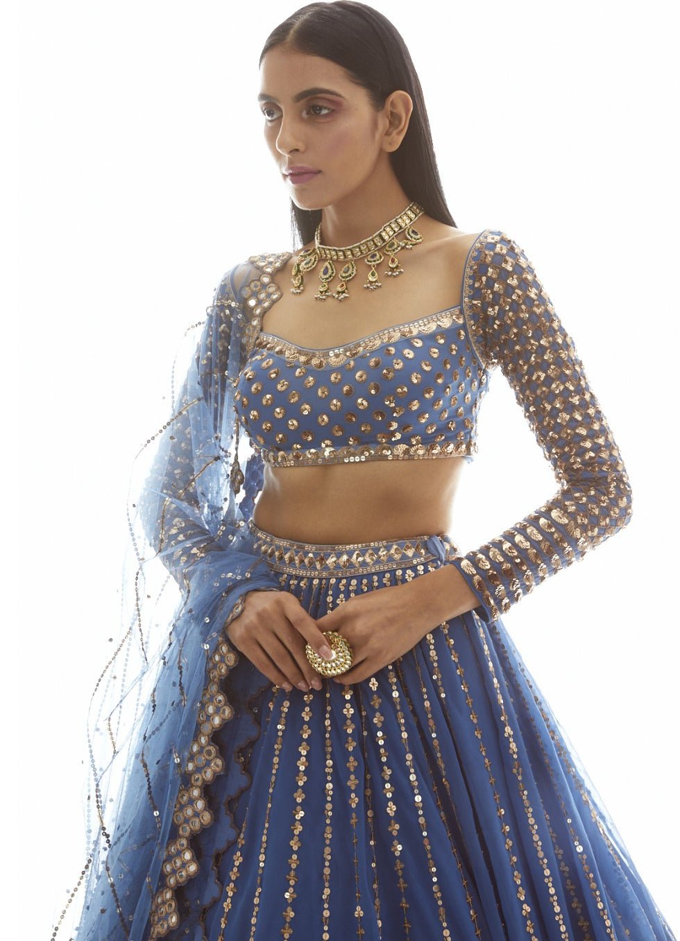 Muted Blue Linear Drop Lehenga Set Vvani by Vani Vats - Fabilicious Fashion