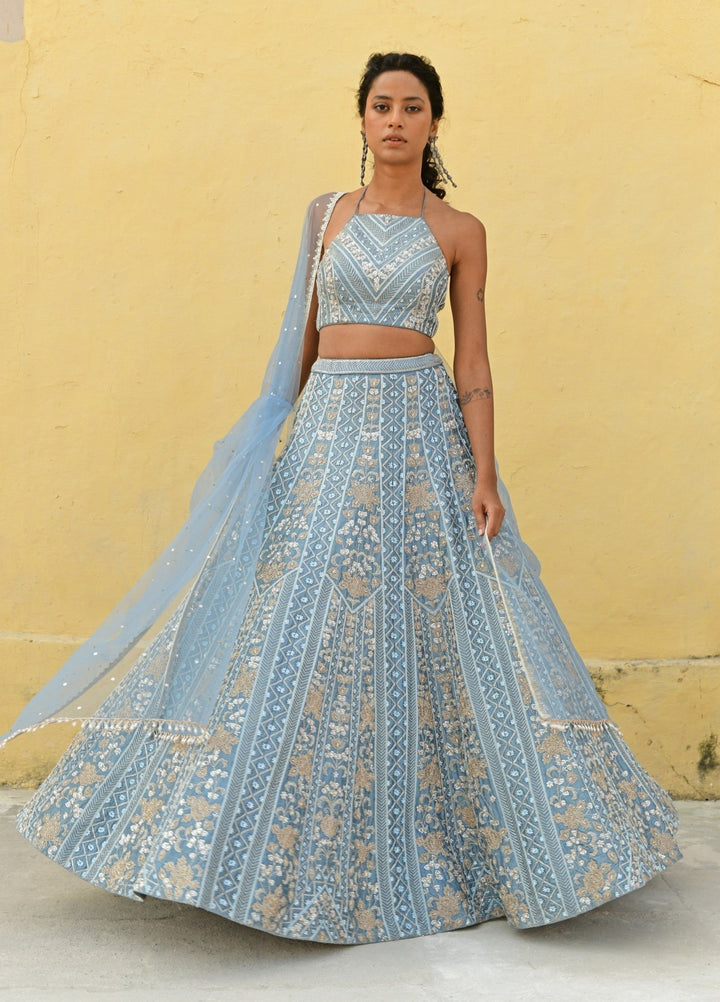 Chamee and Palak Muted Blue Pearl Embroidered Lehenga SetFabilicious Fashion