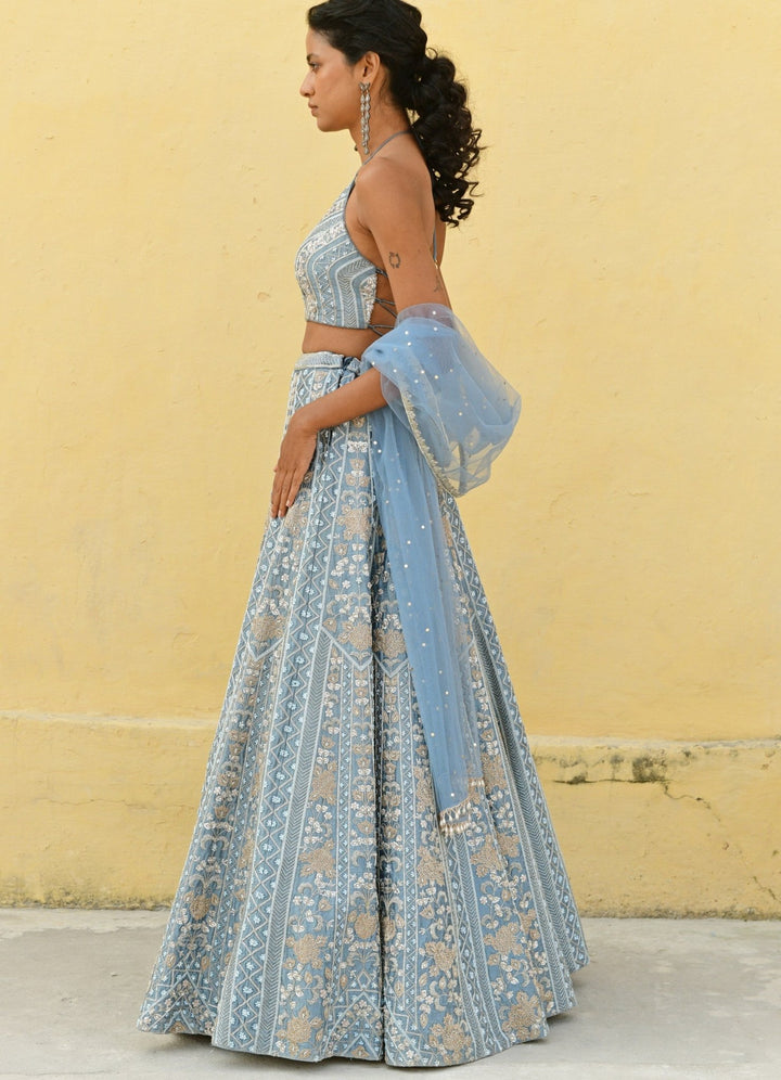 Chamee and Palak Muted Blue Pearl Embroidered Lehenga SetFabilicious Fashion