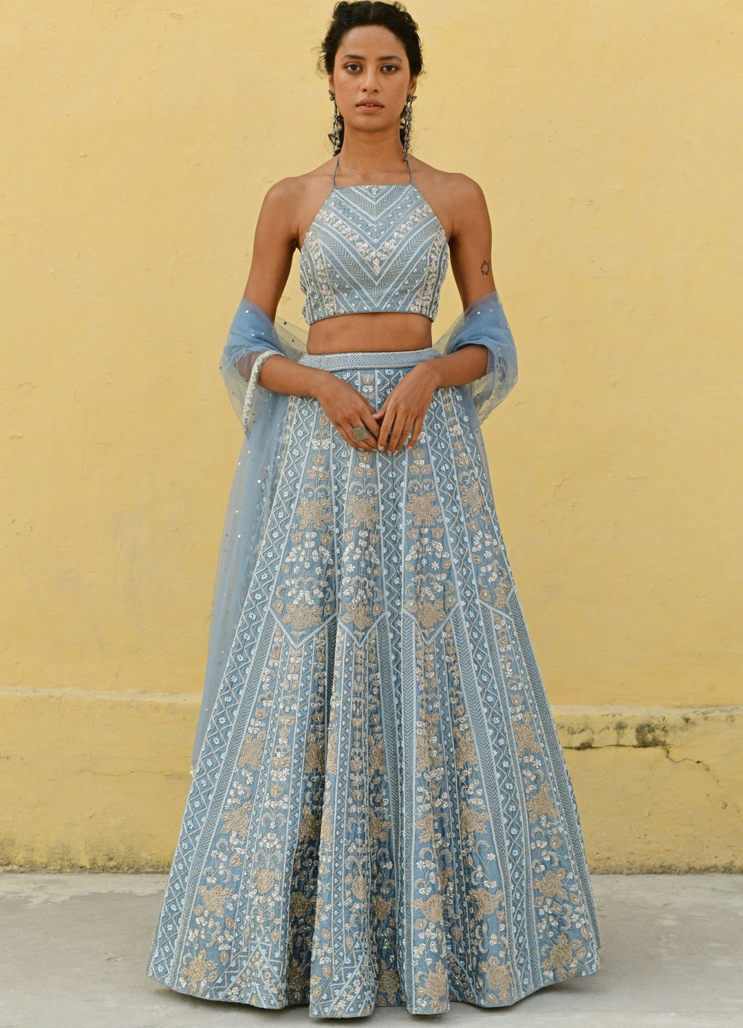 Chamee and Palak Muted Blue Pearl Embroidered Lehenga SetFabilicious Fashion