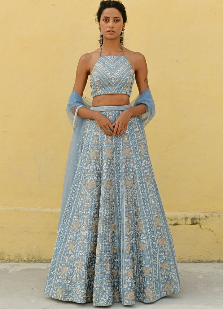 Chamee and Palak Muted Blue Pearl Embroidered Lehenga SetFabilicious Fashion