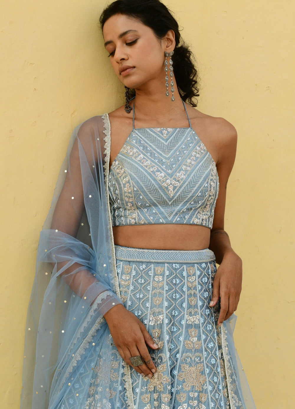 Chamee and Palak Muted Blue Pearl Embroidered Lehenga SetFabilicious Fashion