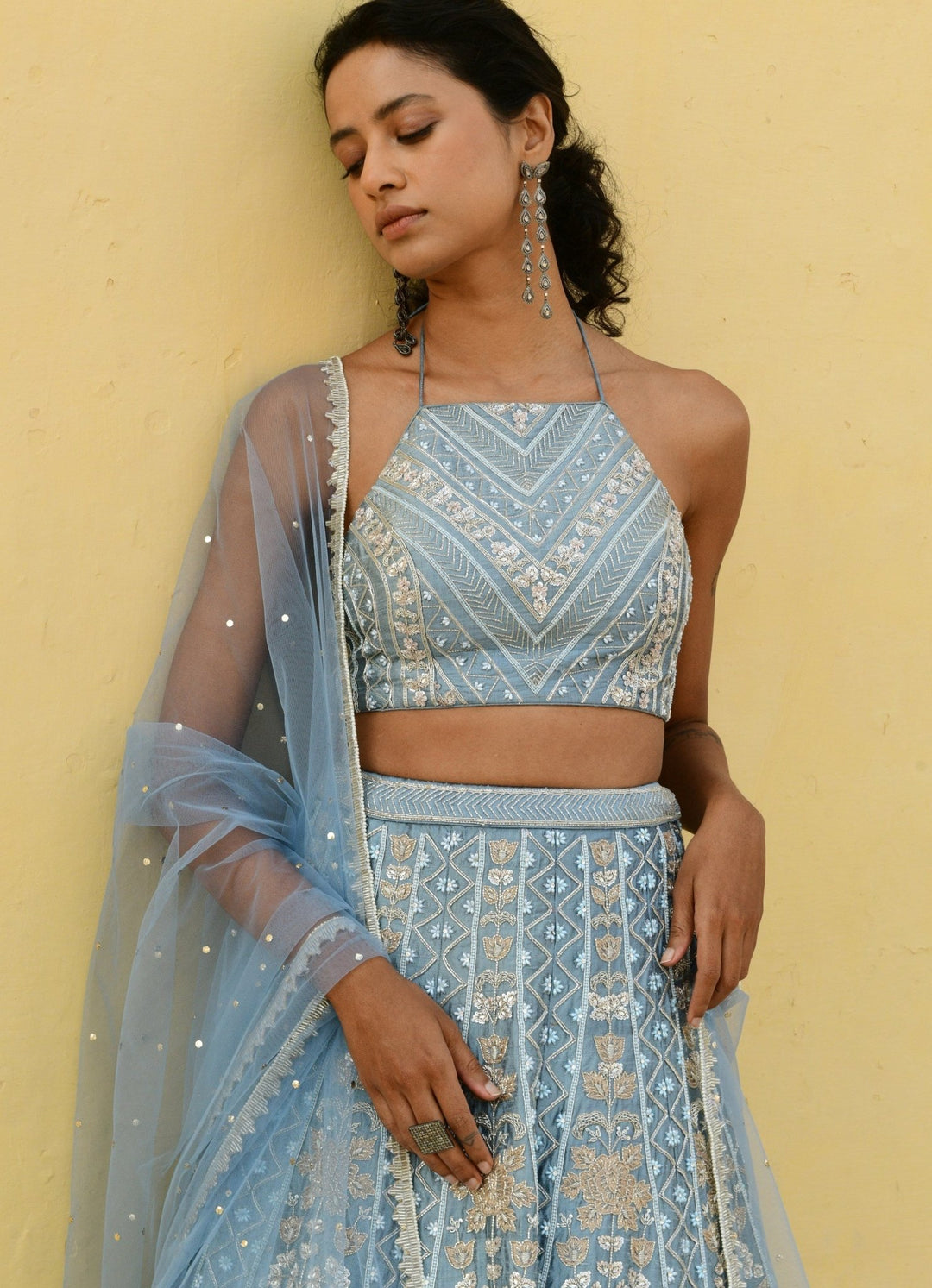 Chamee and Palak Muted Blue Pearl Embroidered Lehenga SetFabilicious Fashion