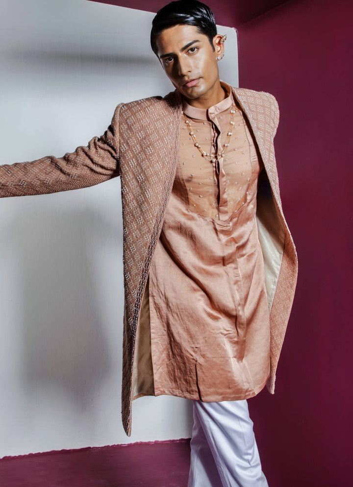 Muted Brown Pearl Embellished Sherwani Set Contrast By Parth - Fabilicious Fashion