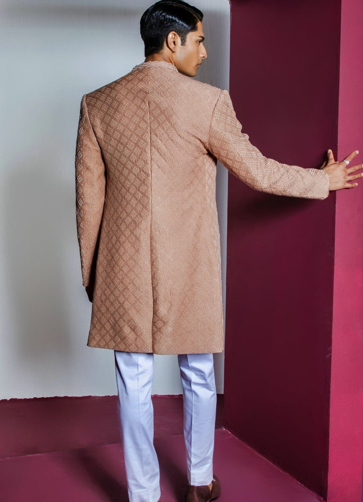 Muted Brown Pearl Embellished Sherwani Set Contrast By Parth - Fabilicious Fashion