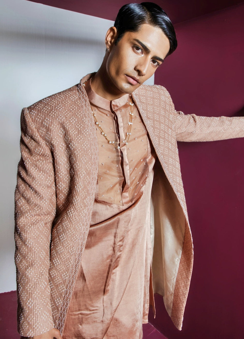 Muted Brown Pearl Embellished Sherwani Set Contrast By Parth - Fabilicious Fashion