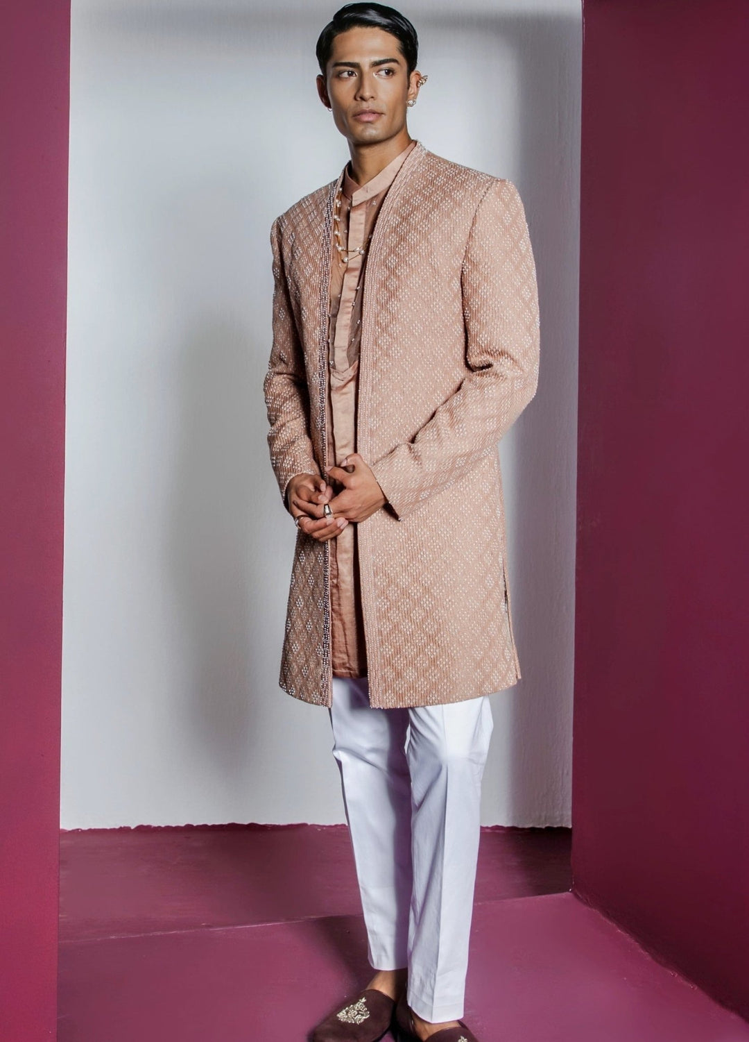 Muted Brown Pearl Embellished Sherwani Set Contrast By Parth - Fabilicious Fashion