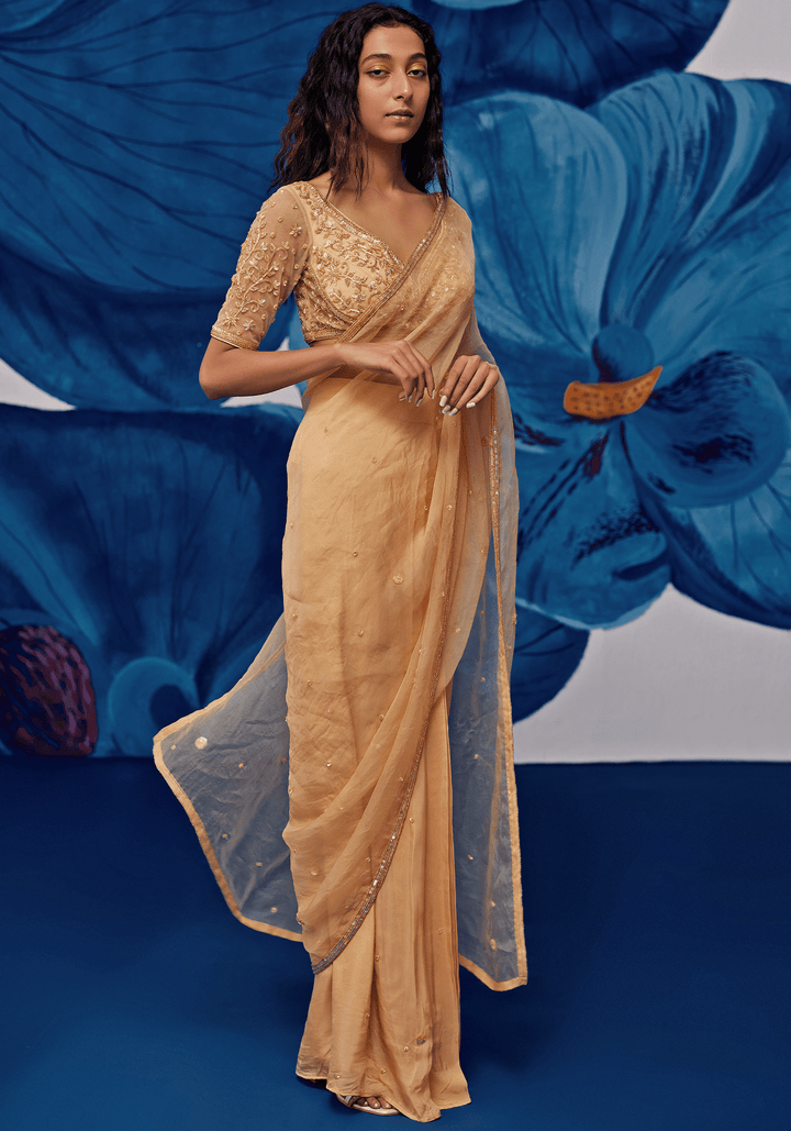 Muted Gold Chiffon Pre-Stitched Draped Saree Set Zoon Tribe - Fabilicious Fashion