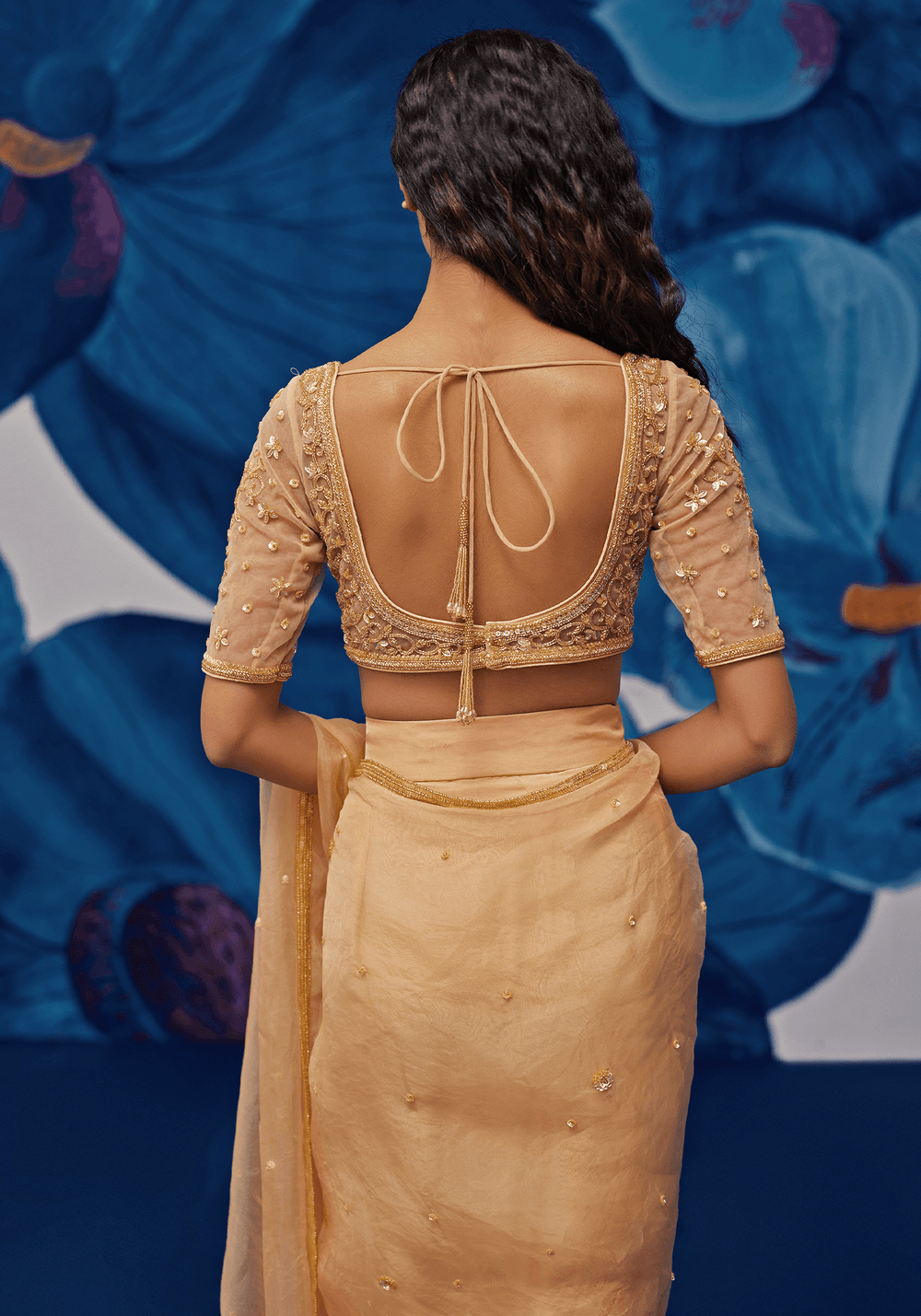 Muted Gold Chiffon Pre-Stitched Draped Saree Set Zoon Tribe - Fabilicious Fashion