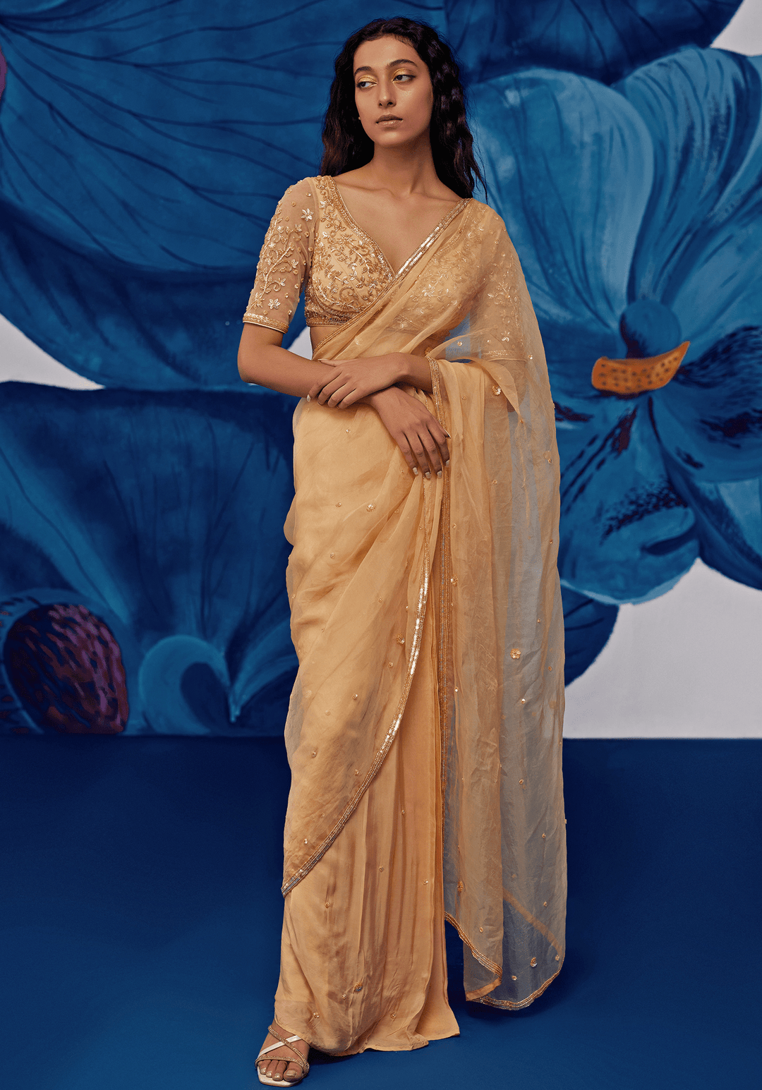 Muted Gold Chiffon Pre-Stitched Draped Saree Set Zoon Tribe - Fabilicious Fashion