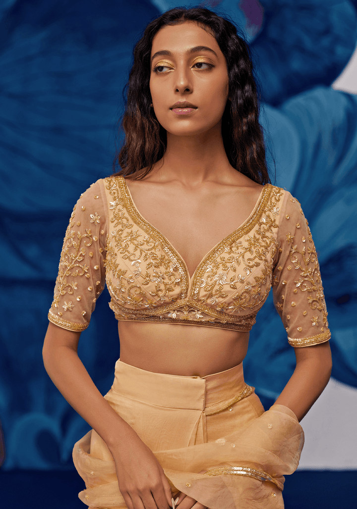 Muted Gold Chiffon Pre-Stitched Draped Saree Set Zoon Tribe - Fabilicious Fashion