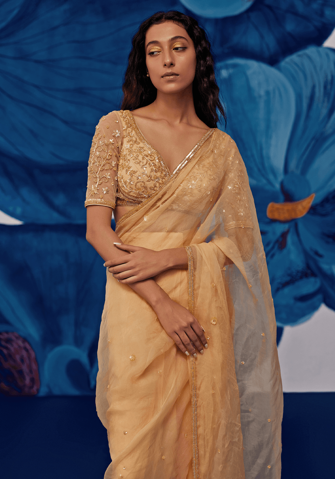 Muted Gold Chiffon Pre-Stitched Draped Saree Set Zoon Tribe - Fabilicious Fashion