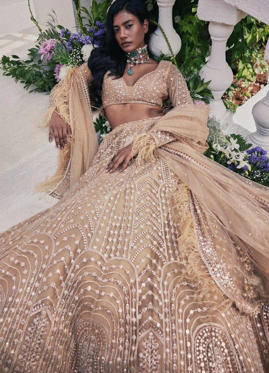 Muted Gold Embroidered Lehenga Set Chamee and Palak - Fabilicious Fashion