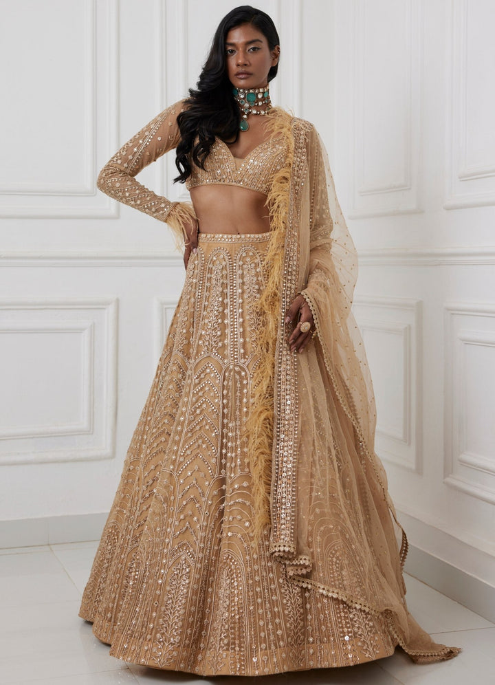 Muted Gold Embroidered Lehenga Set Chamee and Palak - Fabilicious Fashion