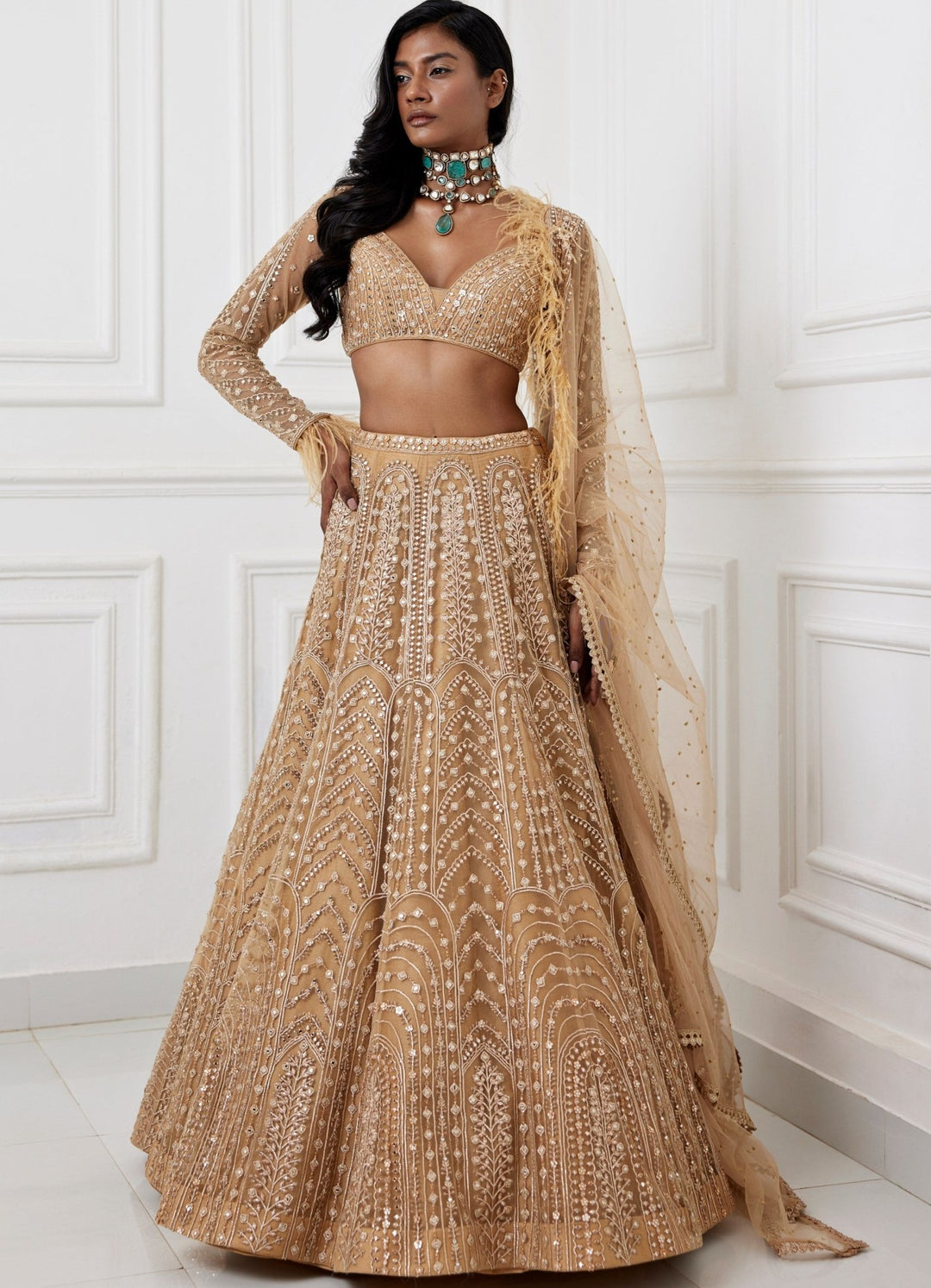 Muted Gold Embroidered Lehenga Set Chamee and Palak - Fabilicious Fashion