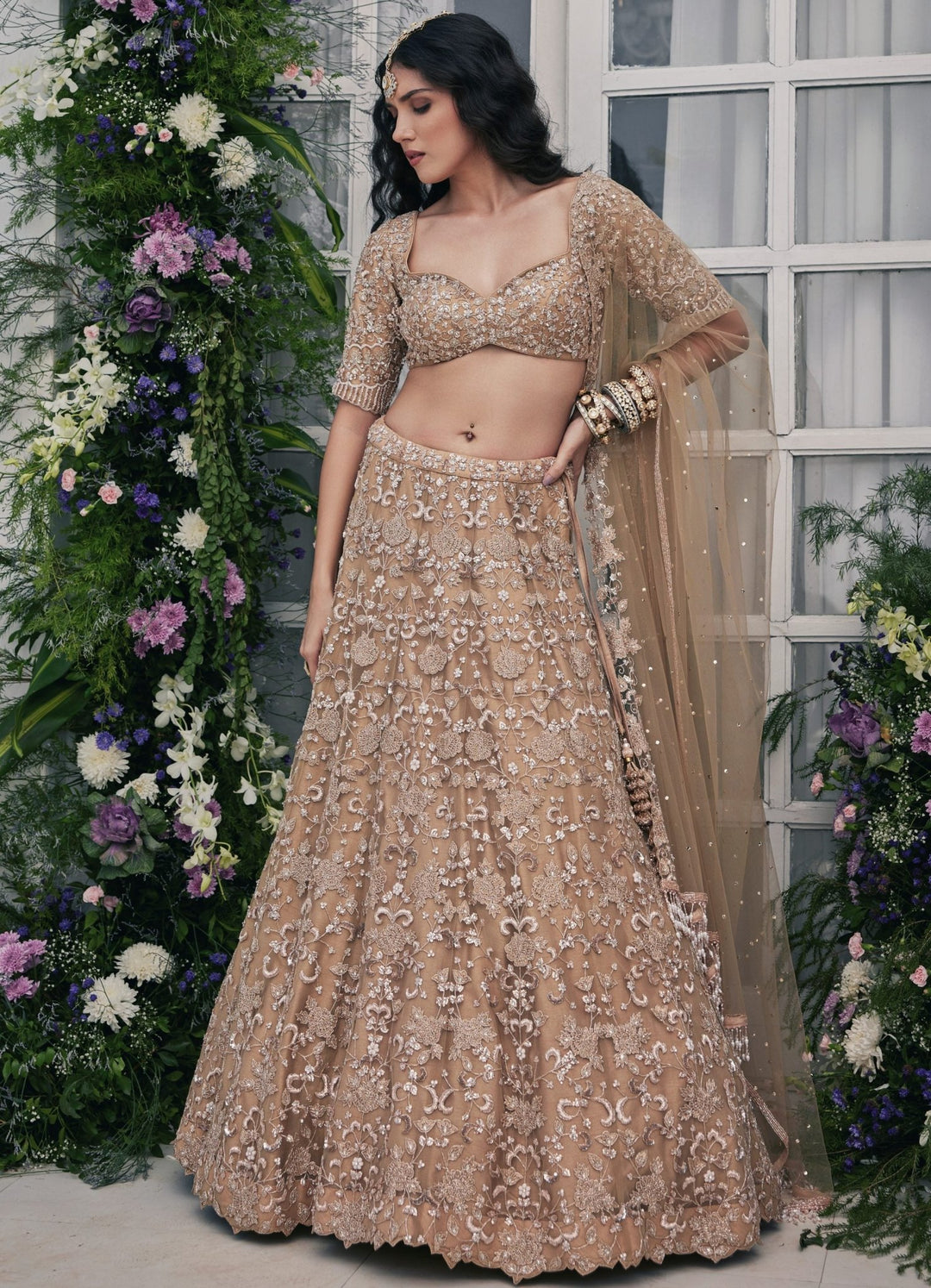 Muted Gold Floral Embroidered Lehenga Set Chamee and Palak - Fabilicious Fashion