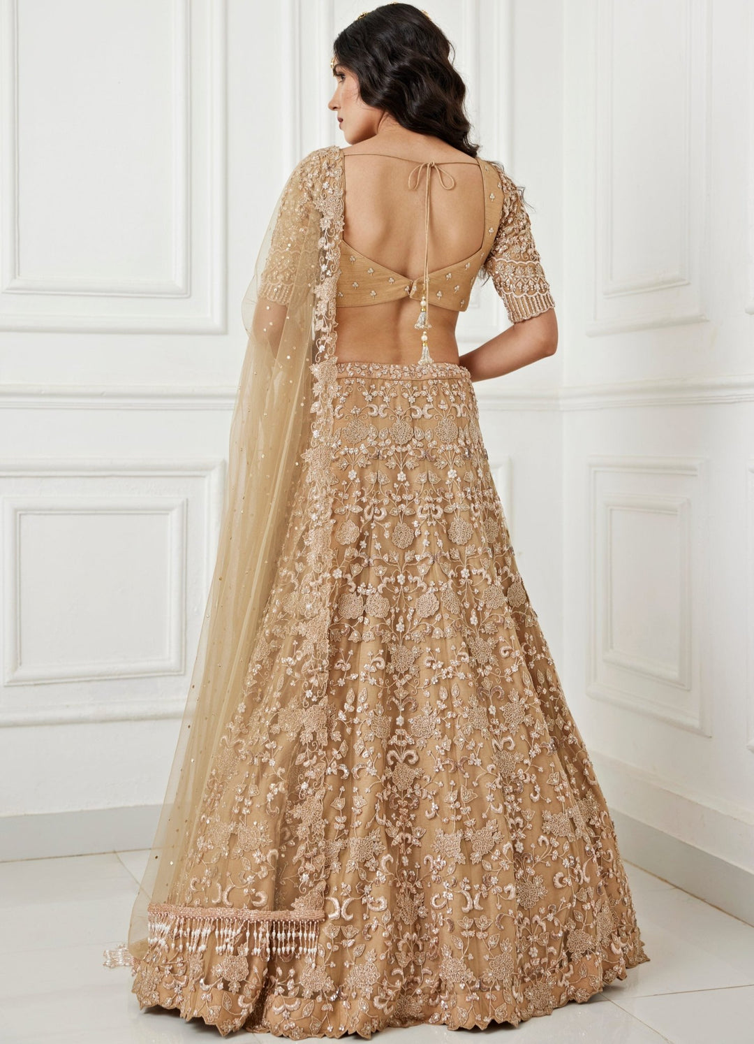 Muted Gold Floral Embroidered Lehenga Set Chamee and Palak - Fabilicious Fashion