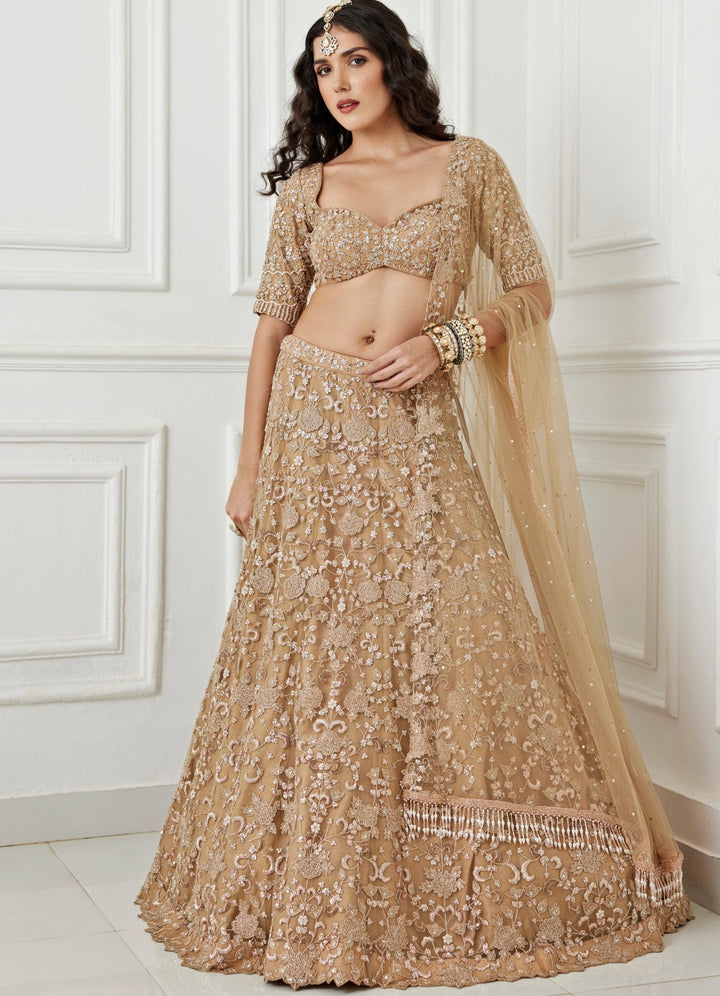 Muted Gold Floral Embroidered Lehenga Set Chamee and Palak - Fabilicious Fashion