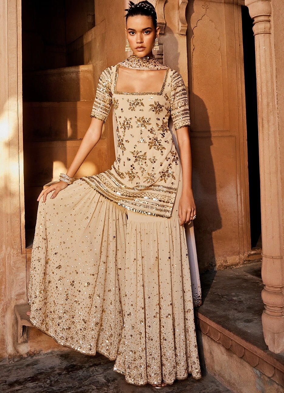 Beige Gold Georgette Embellished Kurta Garara Set Prevasu