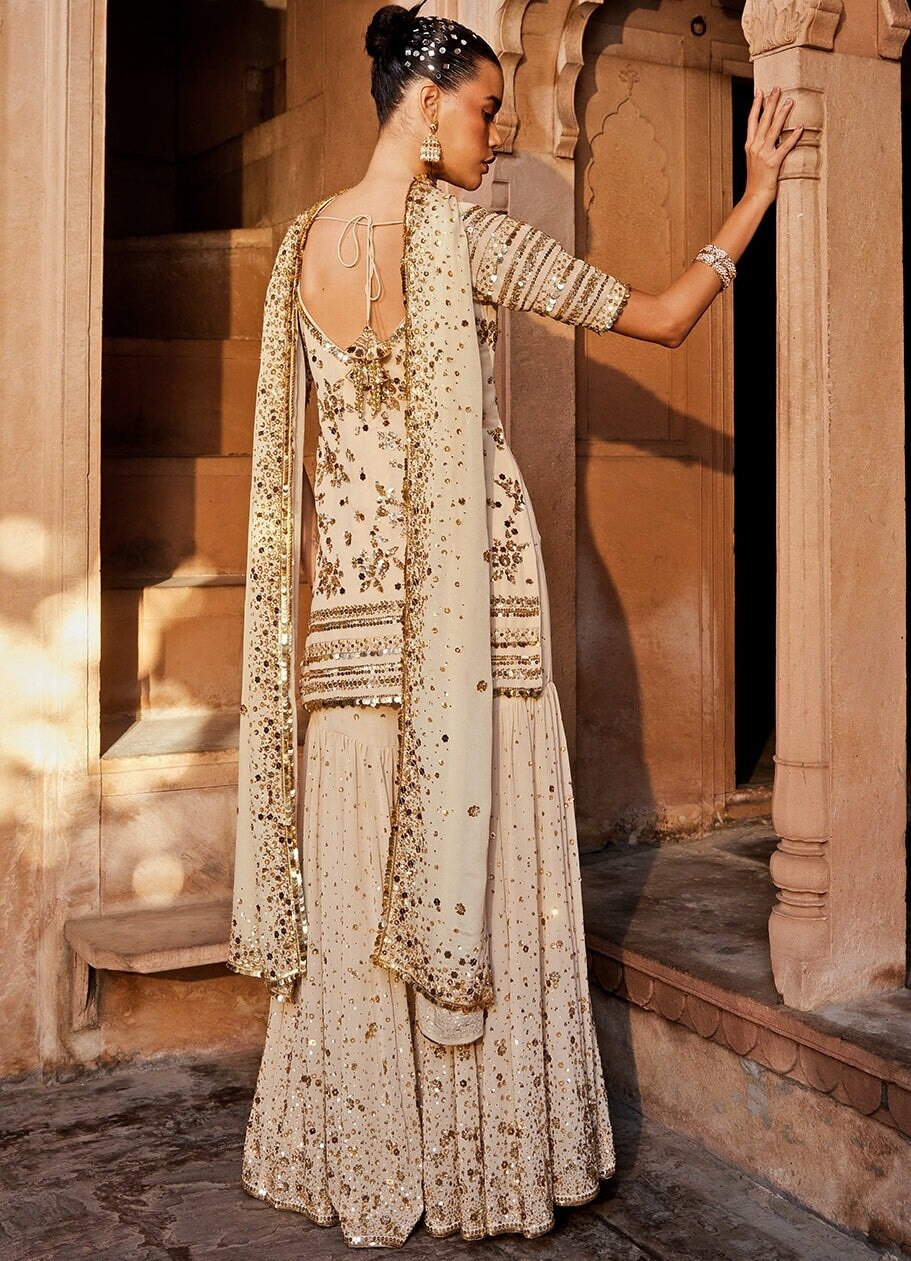 Muted Gold Georgette Gold Embellished Gharara Set With Dupatta Prevasu - Fabilicious Fashion