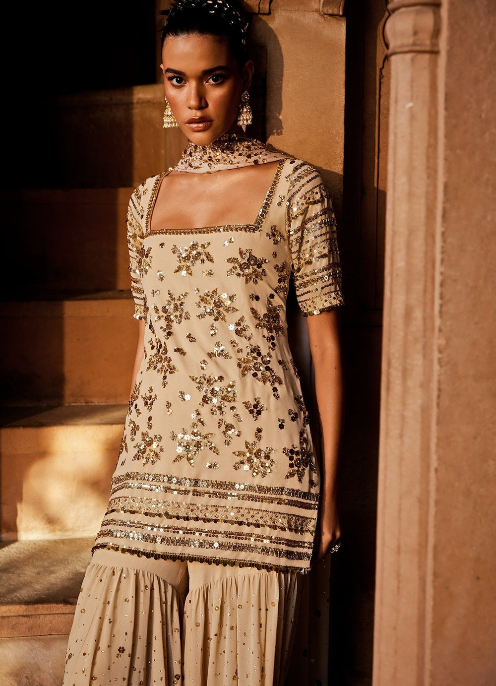 Muted Gold Georgette Gold Embellished Gharara Set With Dupatta Prevasu - Fabilicious Fashion