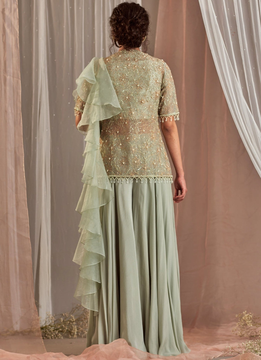 Muted Green Embellished Crepe Kurta With Sharara Pant Nidhika Shekhar - Fabilicious Fashion