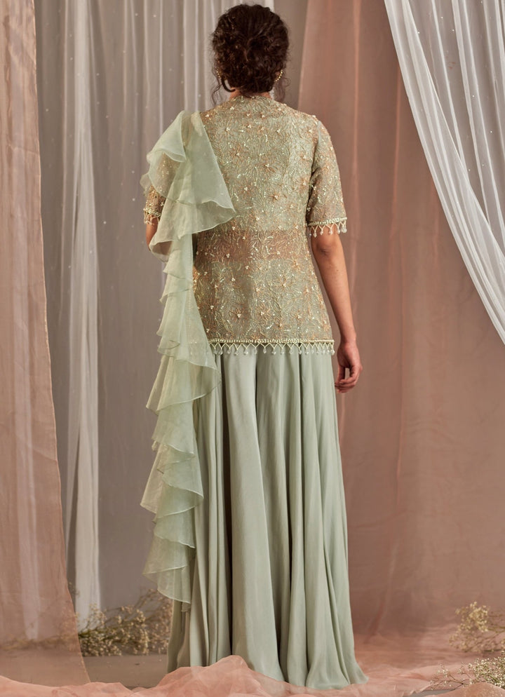 Muted Green Embellished Crepe Kurta With Sharara Pant Nidhika Shekhar - Fabilicious Fashion