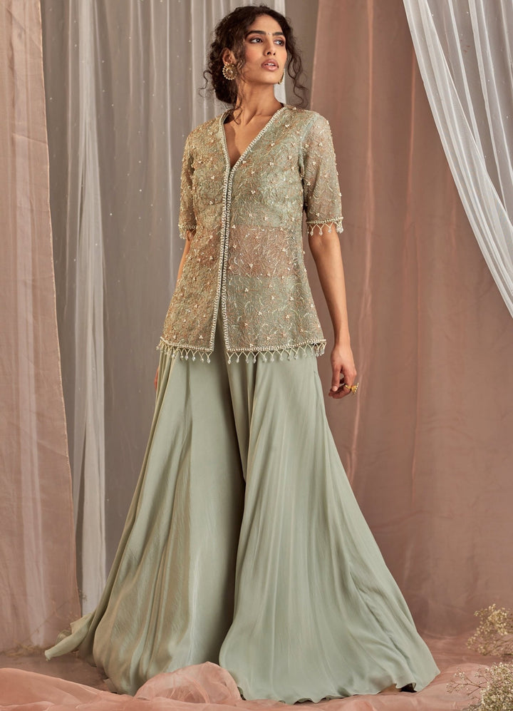 Muted Green Embellished Crepe Kurta With Sharara Pant Nidhika Shekhar - Fabilicious Fashion
