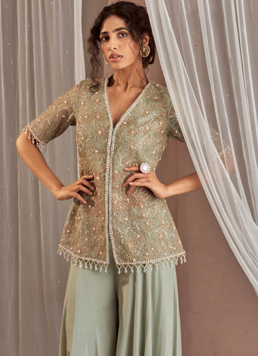 Muted Green Embellished Crepe Kurta With Sharara Pant Nidhika Shekhar - Fabilicious Fashion