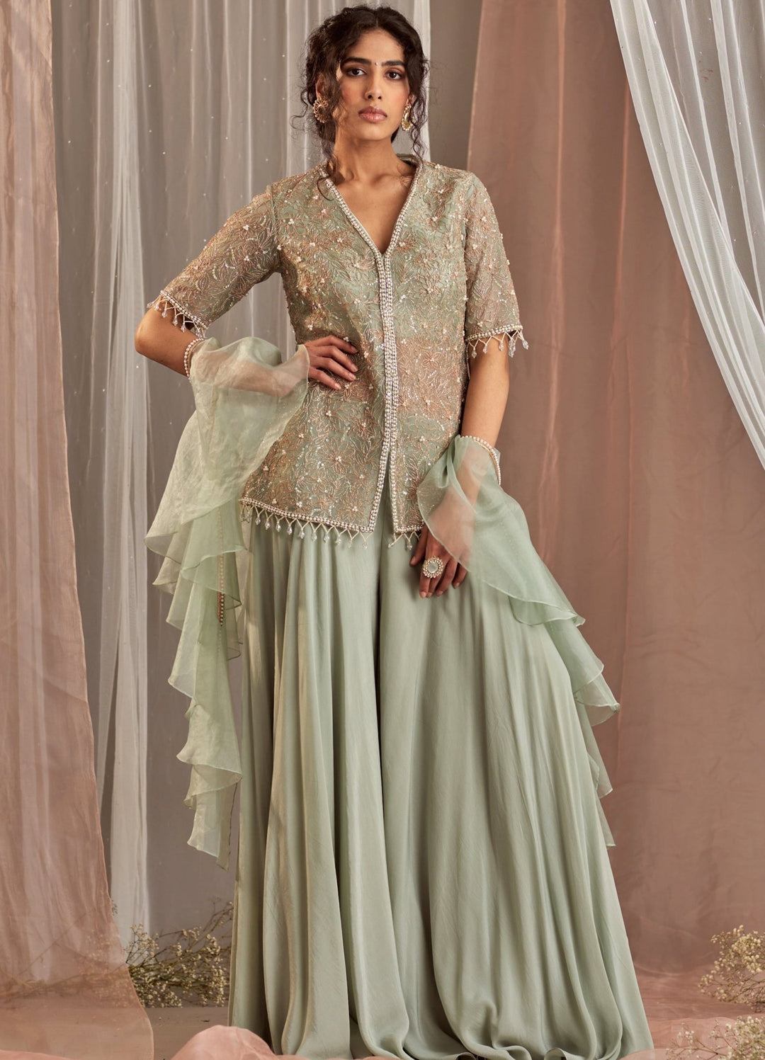Muted Green Embellished Crepe Kurta With Sharara Pant Nidhika Shekhar - Fabilicious Fashion