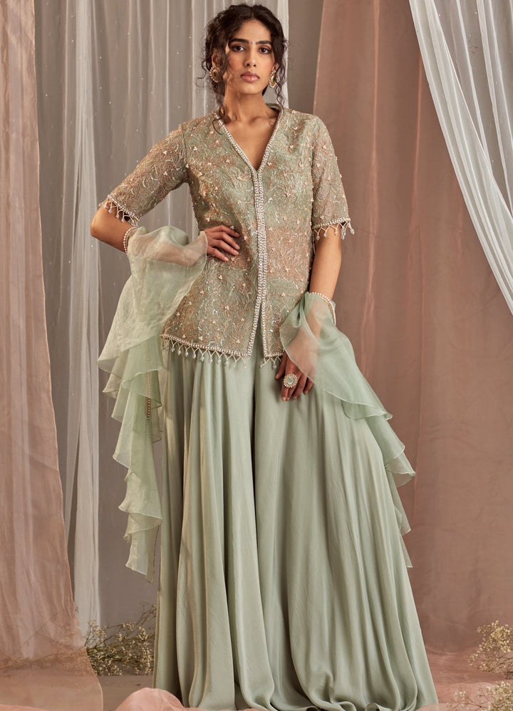 Muted Green Embellished Crepe Kurta With Sharara Pant Nidhika Shekhar - Fabilicious Fashion