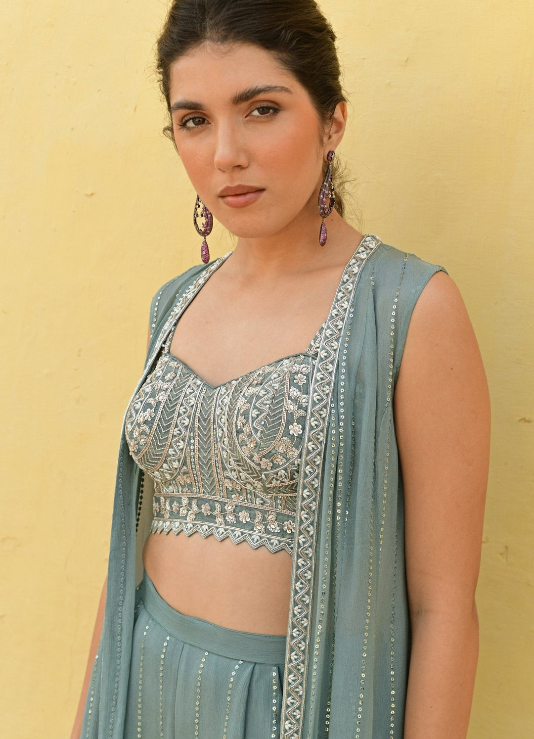 Chamee and Palak Muted Green Embroidered Pants And Jacket SetFabilicious Fashion