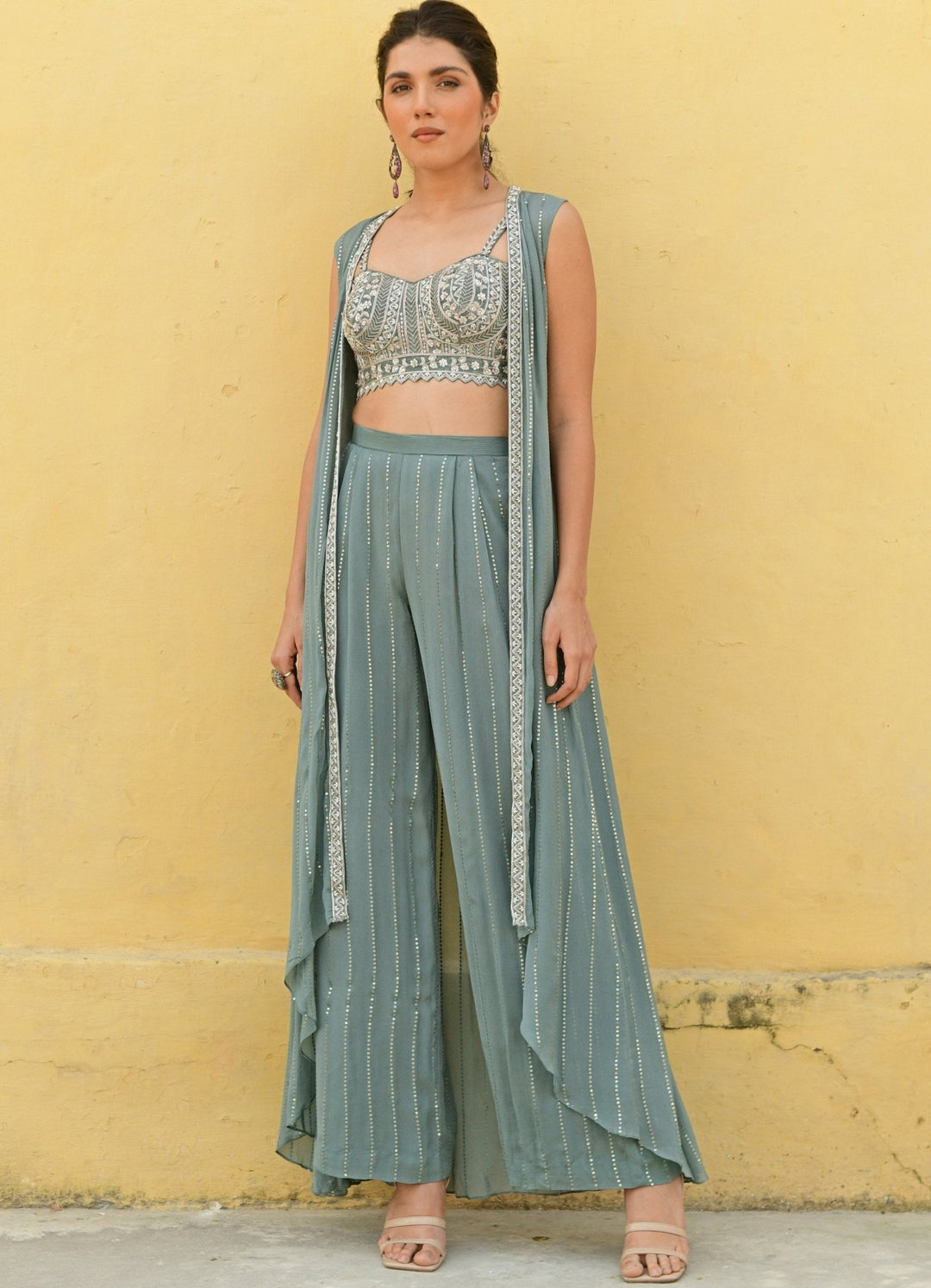 Chamee and Palak Muted Green Embroidered Pants And Jacket SetFabilicious Fashion