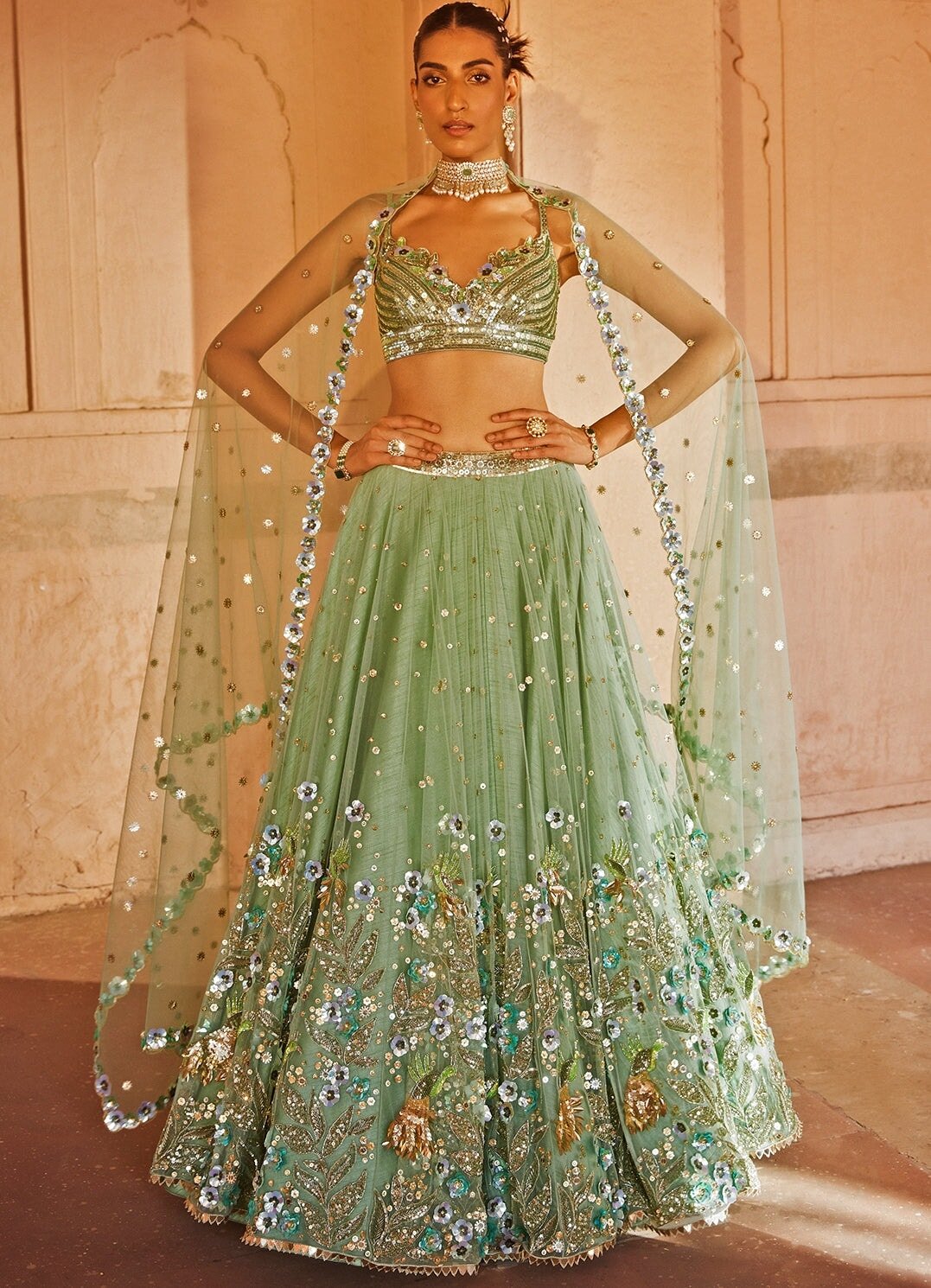 Muted Green Metallic Embellished Net Lehenga Set Prevasu - Fabilicious Fashion