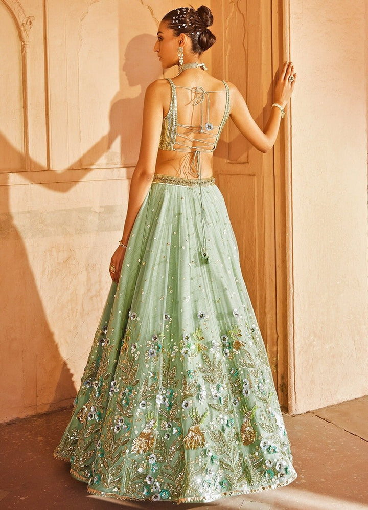 Muted Green Metallic Embellished Net Lehenga Set Prevasu - Fabilicious Fashion