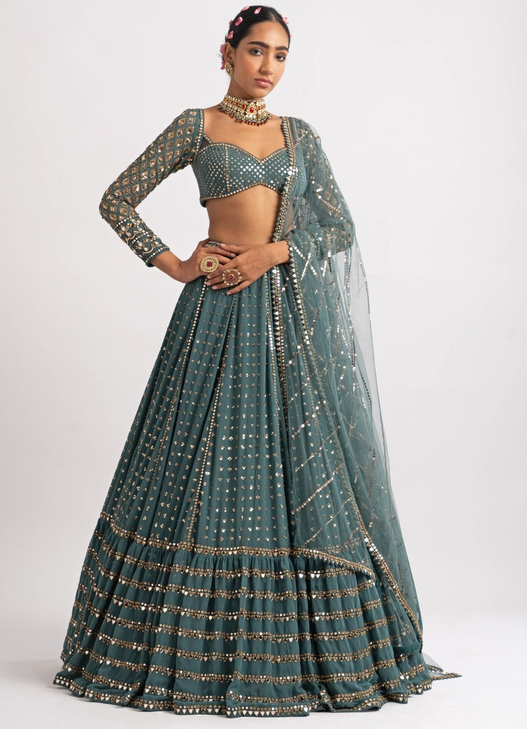 Muted Green Single Tier Lehenga Set Vvani by Vani Vats - Fabilicious Fashion