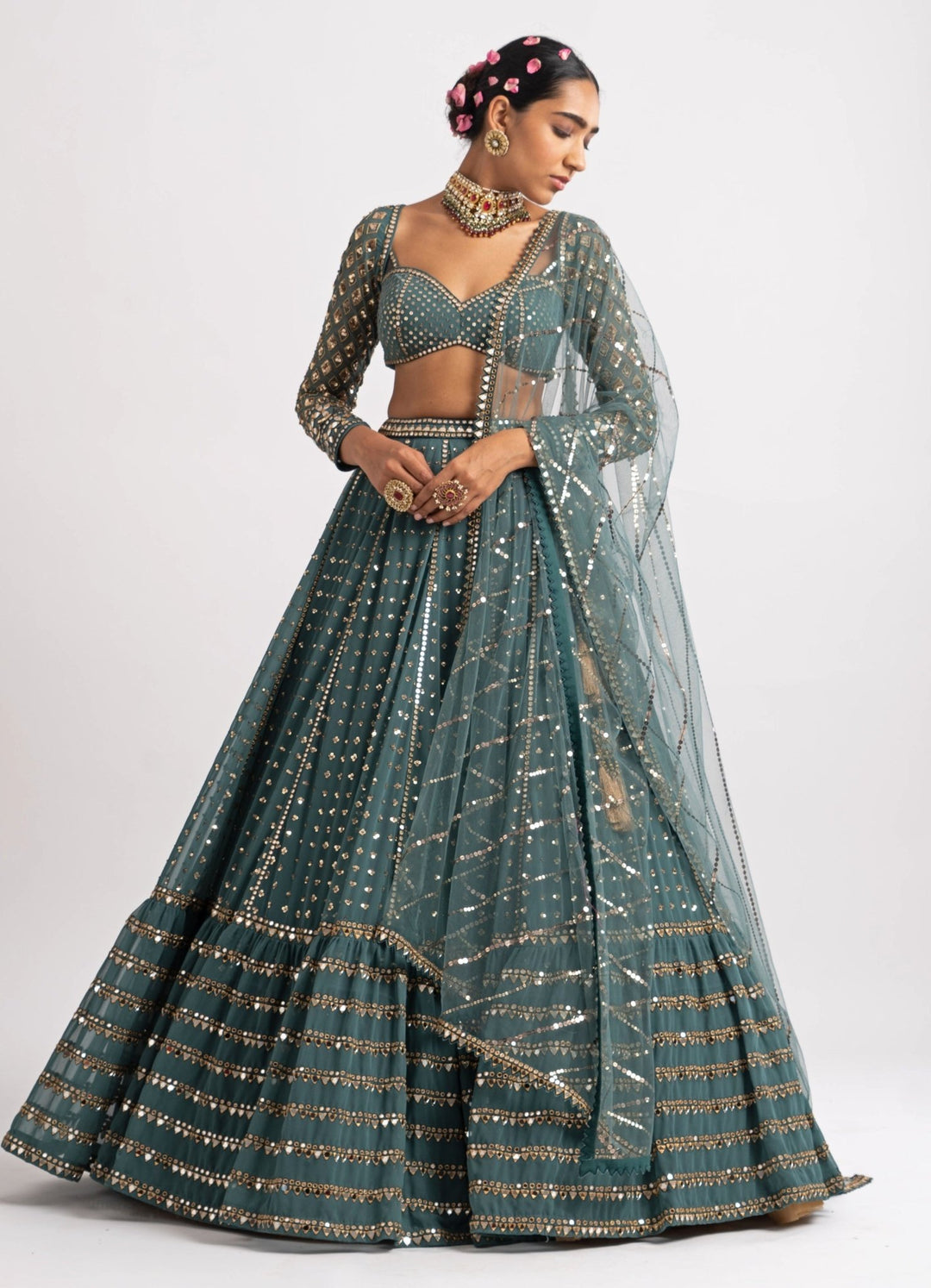 Muted Green Single Tier Lehenga Set Vvani by Vani Vats - Fabilicious Fashion