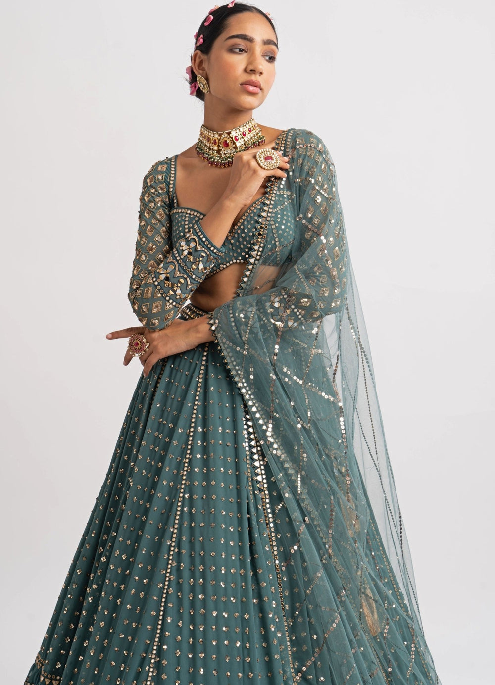 Muted Green Single Tier Lehenga Set Vvani by Vani Vats - Fabilicious Fashion