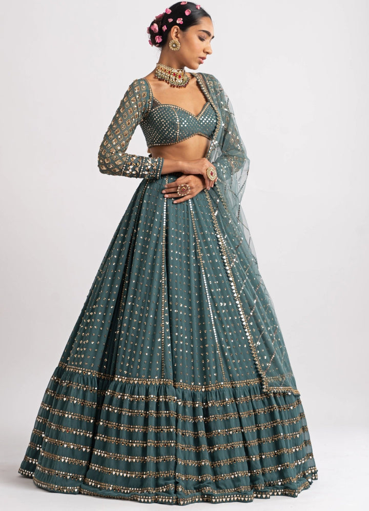 Muted Green Single Tier Lehenga Set Vvani by Vani Vats - Fabilicious Fashion