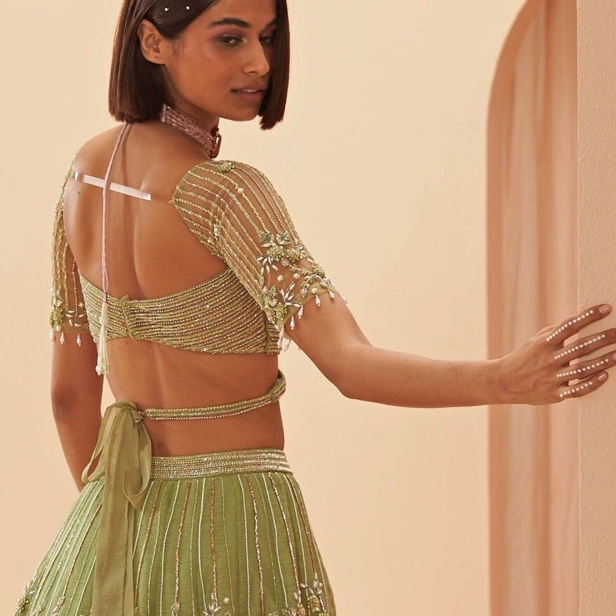 Muted Jade Green Pearl Embroidered lehenga Set Parul Gandhi - Fabilicious Fashion