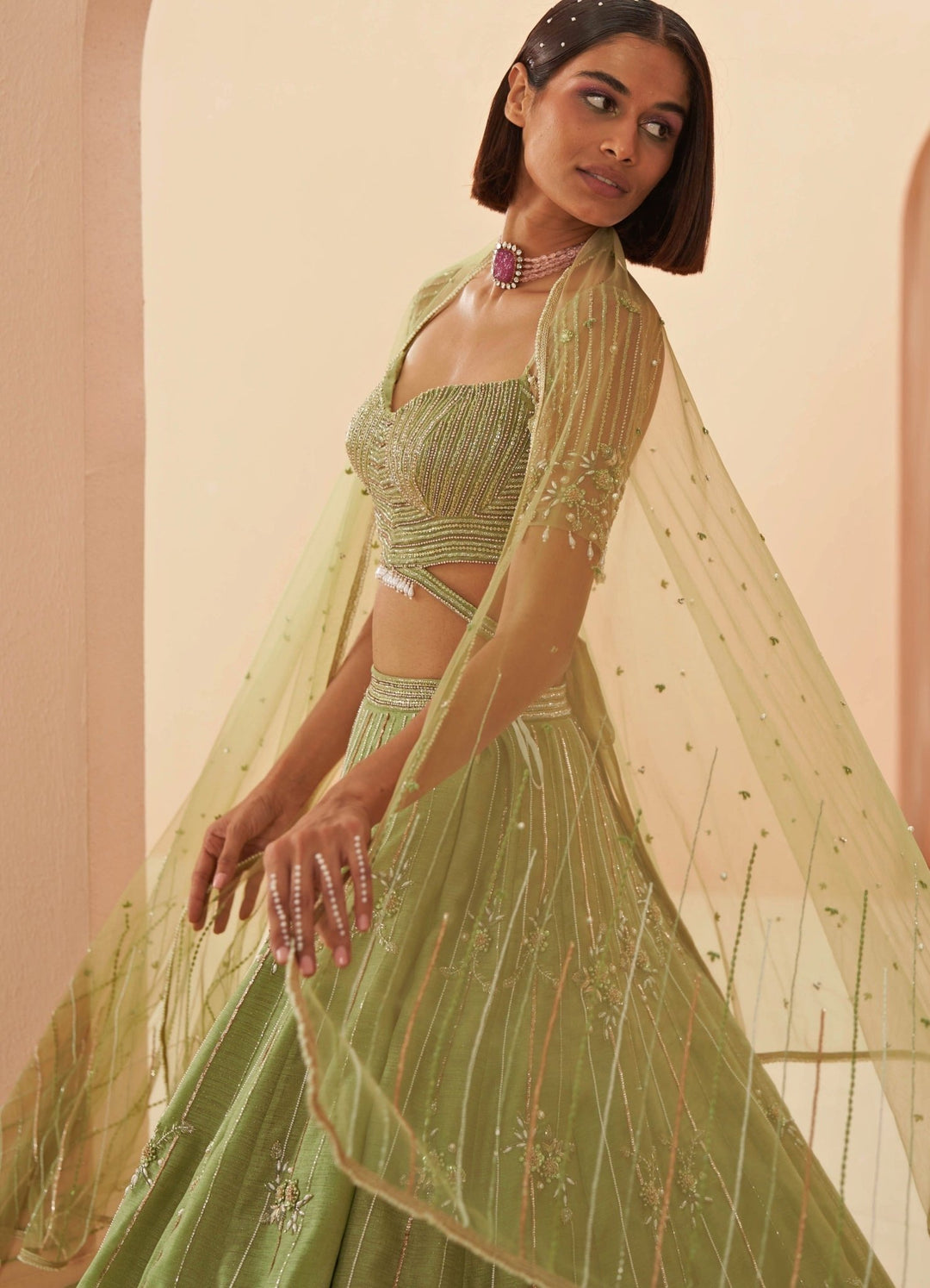 Muted Jade Green Pearl Embroidered lehenga Set Parul Gandhi - Fabilicious Fashion