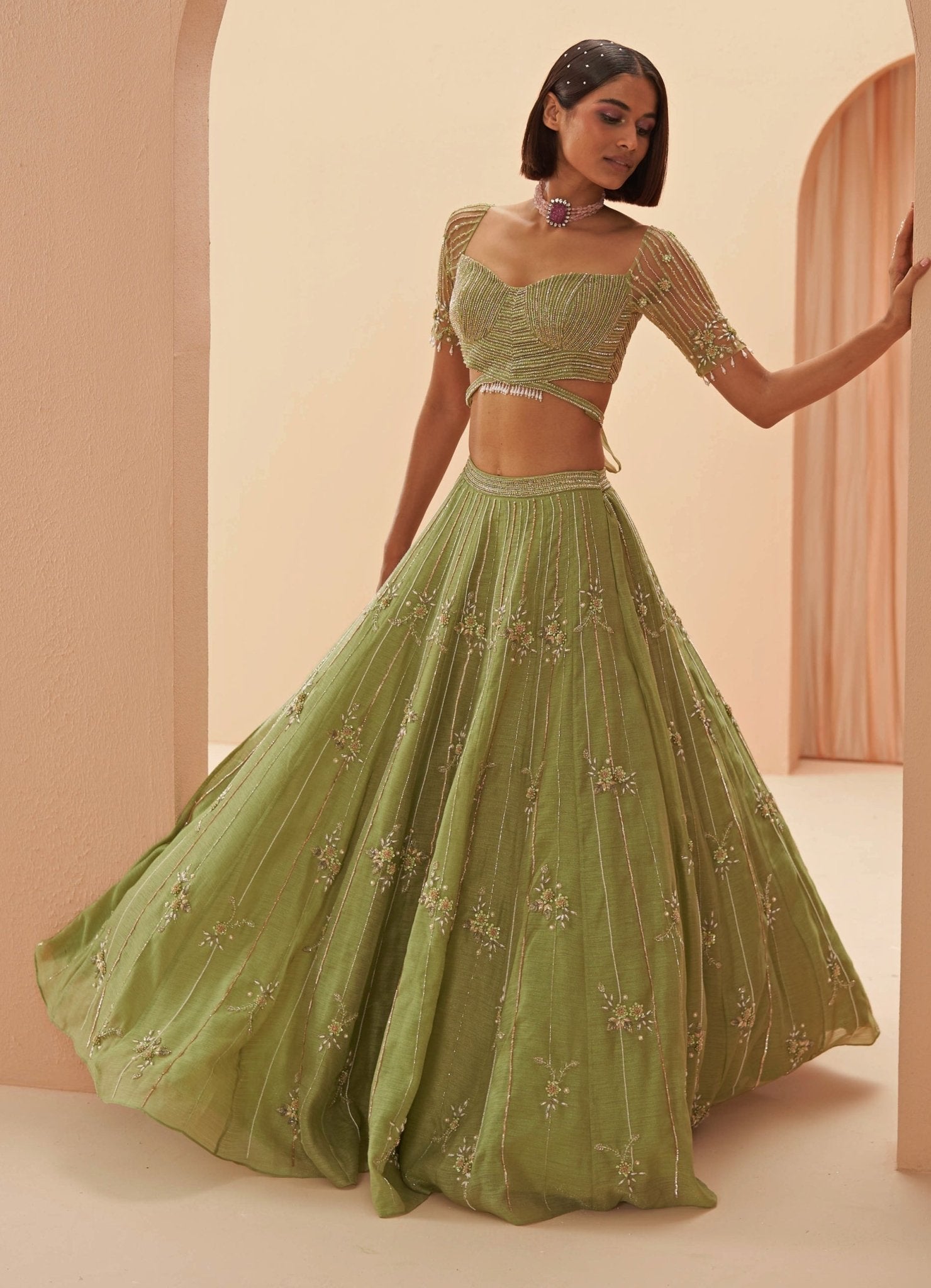 Sea green pearl embroidered lehenga — mehendi wedding guest outfit