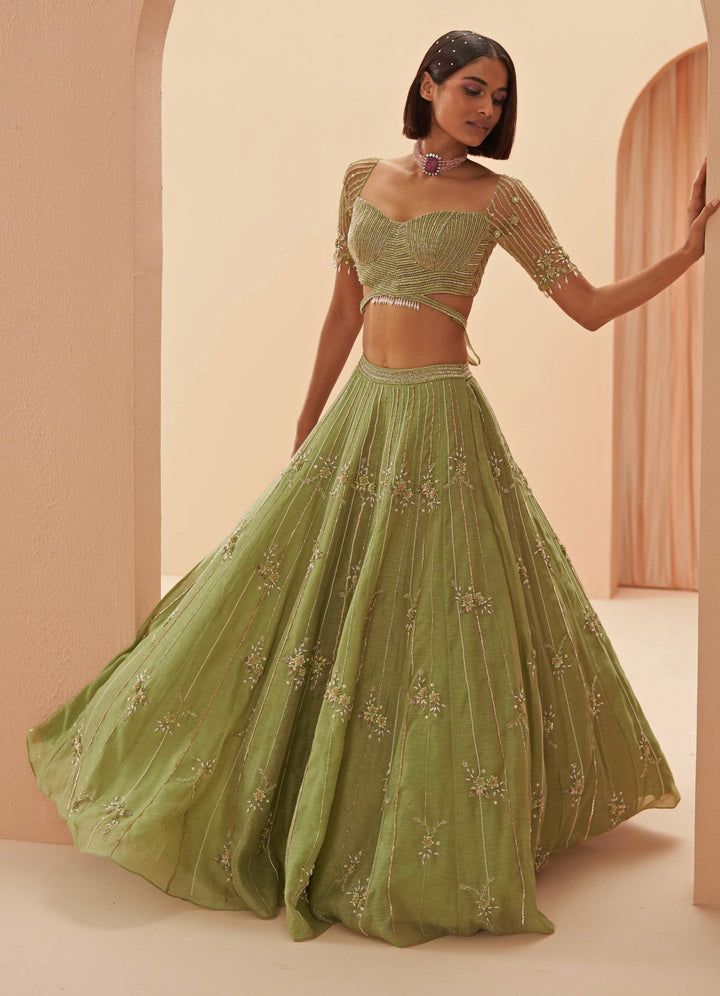 Muted Jade Green Pearl Embroidered lehenga Set Parul Gandhi - Fabilicious Fashion