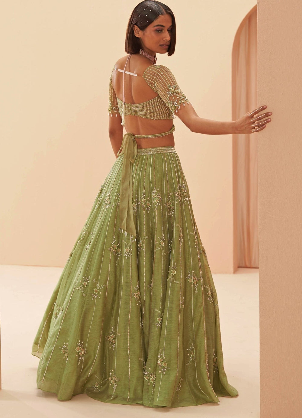 Muted Jade Green Pearl Embroidered lehenga Set Parul Gandhi - Fabilicious Fashion